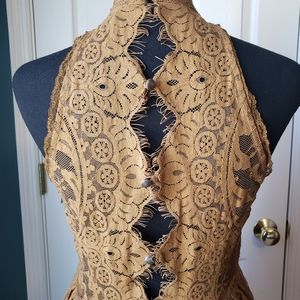 Free People Gold Brown 6 lace high neck mini dress